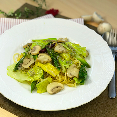 マッシュ・キャベツ・アスパラ・じゃこのパスタ
